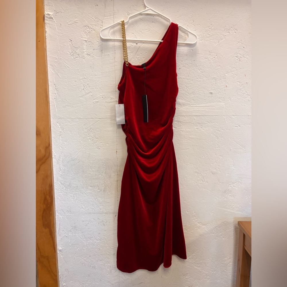 Halston Velvet Asymmetric Dress with gold shoulder strap